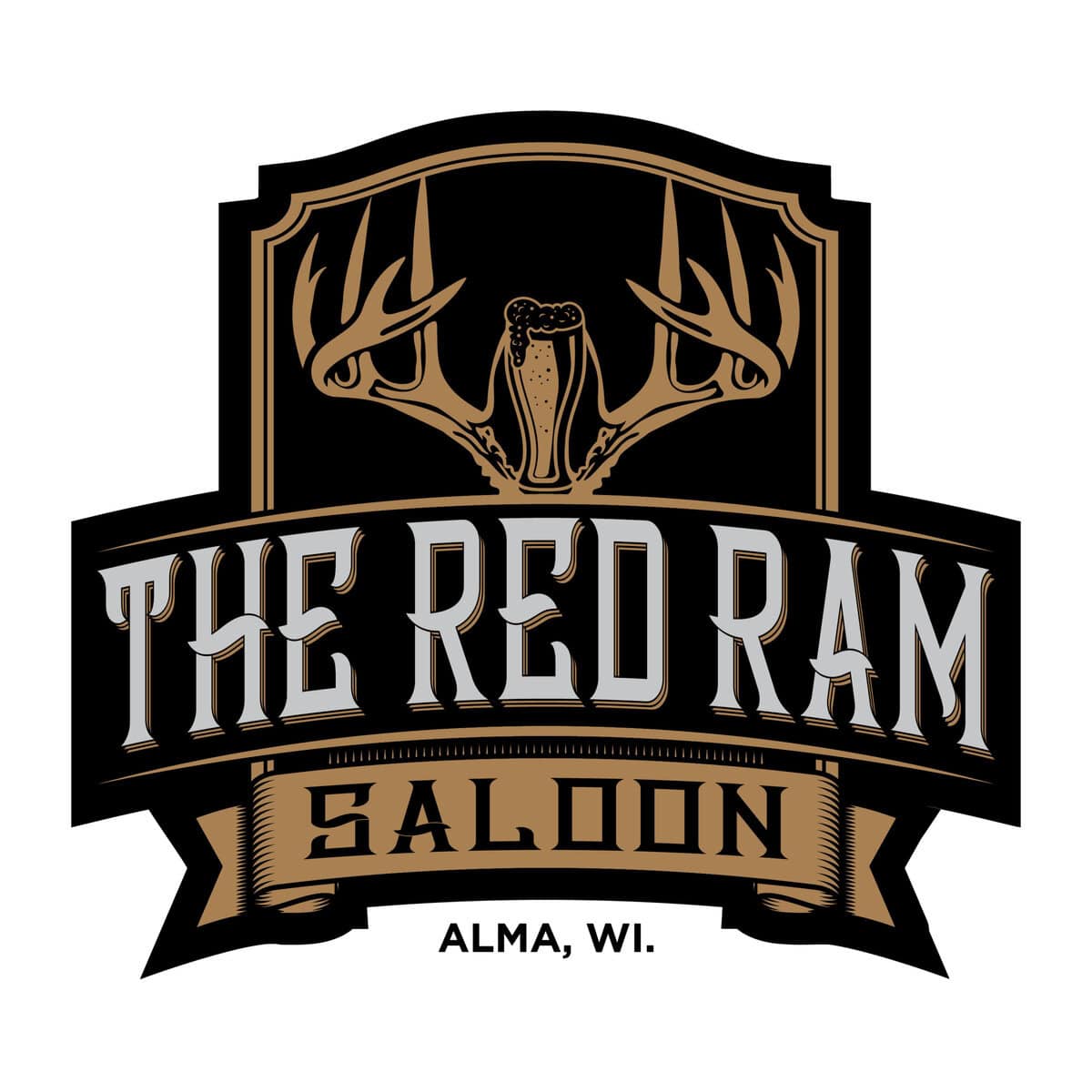 Deer antlers and beer mug logo for The Red Ram Saloon, Alma, Wisconsin, with rustic design elements.